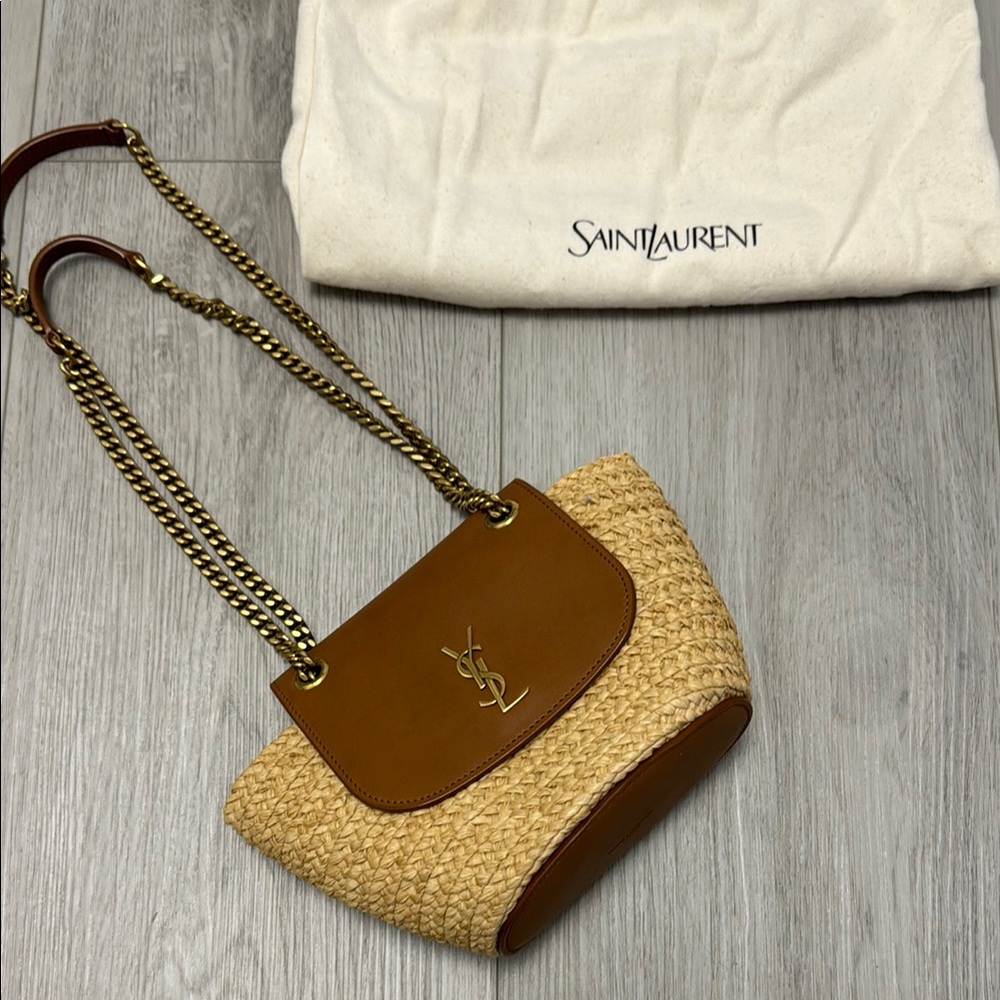 Saint Laurent Brown and Tan Woven Shoulder Bag